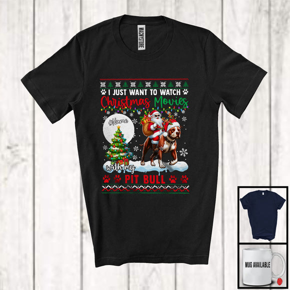 MacnyStore - Personalized Watch Christmas Movies With My Pit Bull; Joyful Santa Riding Puppy; X-mas Tree T-Shirt