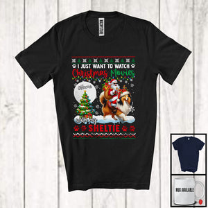 MacnyStore - Personalized Watch Christmas Movies With My Shelties; Joyful Santa Riding Puppy; X-mas Tree T-Shirt