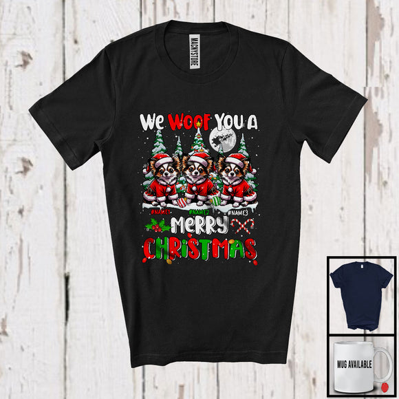 MacnyStore - Personalized We Woof You A Merry Christmas; Adorable X-mas Three Santa Chihuahuas; Snowing T-Shirt