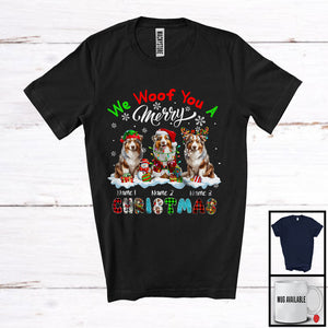 MacnyStore - Personalized We Woof You A Merry Christmas; Lovely Plaid Australian Shepherds Custom Name T-Shirt