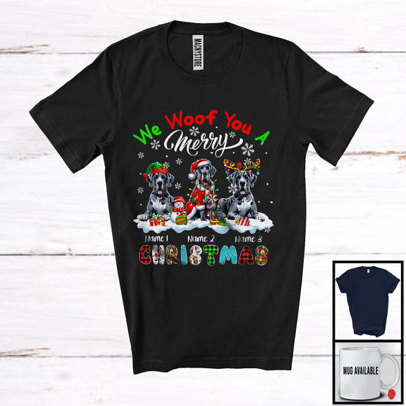 MacnyStore - Personalized We Woof You A Merry Christmas; Lovely Plaid Great Danes Custom Name T-Shirt