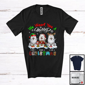 MacnyStore - Personalized We Woof You A Merry Christmas; Lovely Plaid Samoyeds Custom Name T-Shirt