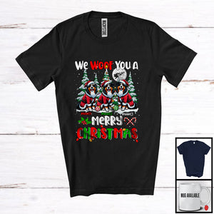 MacnyStore - Personalized We Woof You A Merry Christmas; Lovely Three Santa Australian Shepherds; X-mas Tree T-Shirt