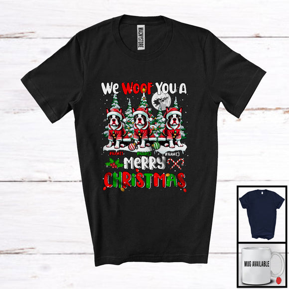 MacnyStore - Personalized We Woof You A Merry Christmas; Lovely Three Santa Boston Terriers; X-mas Tree T-Shirt