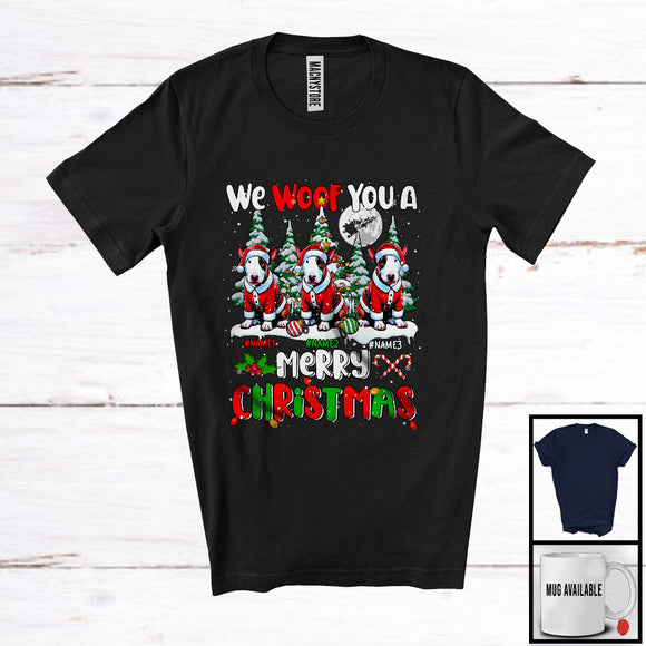 MacnyStore - Personalized We Woof You A Merry Christmas; Lovely Three Santa Bull Terriers; X-mas Tree T-Shirt