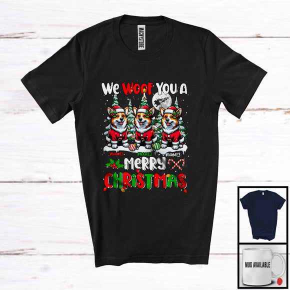 MacnyStore - Personalized We Woof You A Merry Christmas; Lovely Three Santa Corgis; X-mas Tree T-Shirt