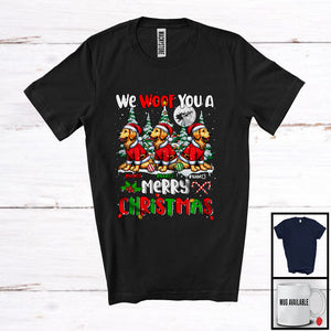 MacnyStore - Personalized We Woof You A Merry Christmas; Lovely Three Santa Golden Retrievers; X-mas Tree T-Shirt