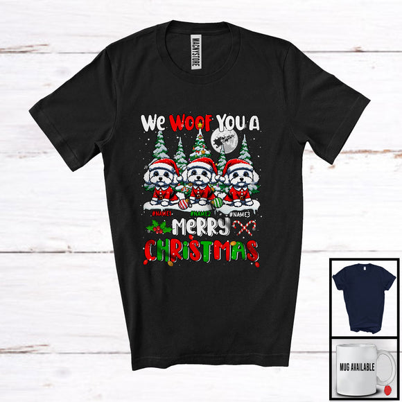 MacnyStore - Personalized We Woof You A Merry Christmas; Lovely Three Santa Maltipoos; X-mas Tree T-Shirt