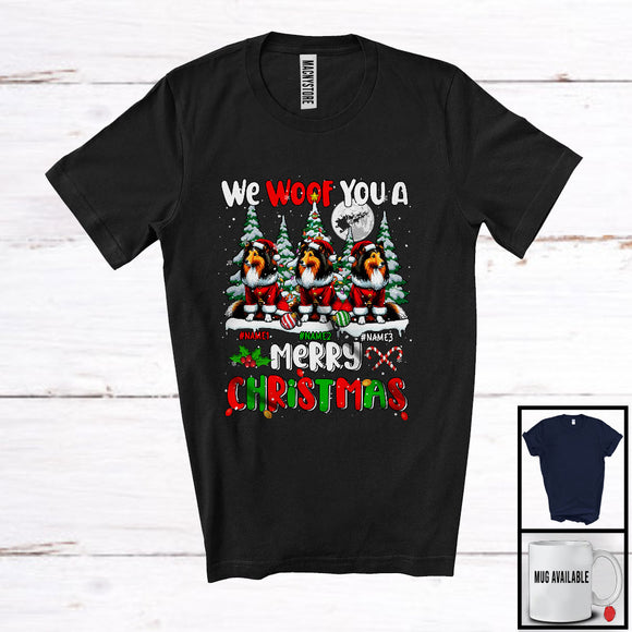 MacnyStore - Personalized We Woof You A Merry Christmas; Lovely Three Santa Shelties; X-mas Tree T-Shirt