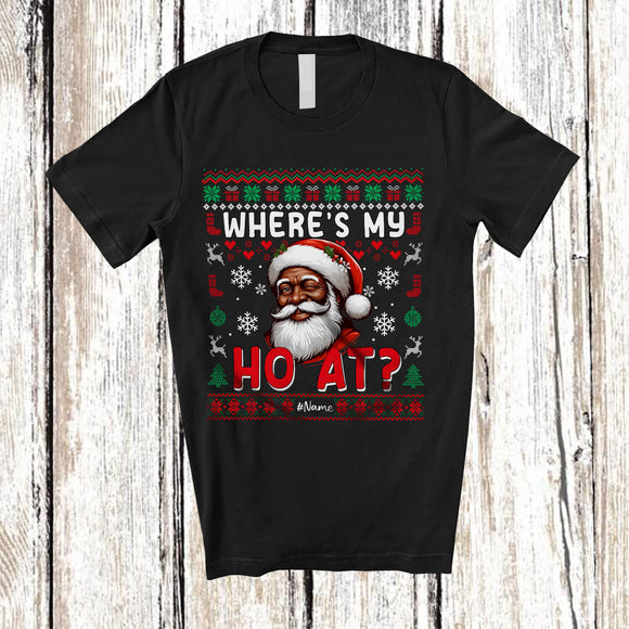 MacnyStore - Personalized Where's My Ho At; Amusing Christmas Sweater Custom Name Afro Santa Face; Couple T-Shirt