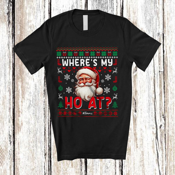 MacnyStore - Personalized Where's My Ho At; Amusing Christmas Sweater Custom Name Santa Face; Couple T-Shirt