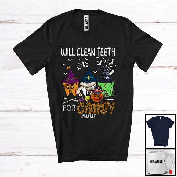 MacnyStore - Personalized Will Clean Teeth For Candy; Lovely Halloween Witch Three Teeth; Custom Name Dentist T-Shirt