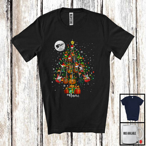 MacnyStore - Personalized X-mas Tree Guitars; Awesome Christmas Lights Moon; Custom Name Guitarist Musician T-Shirt