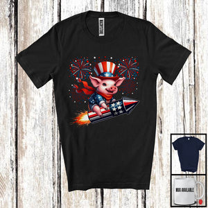 MacnyStore - Pig Riding Firecracker, Humorous 4th Of July USA Fireworks, Patriotic Farm Animal Farmer T-Shirt