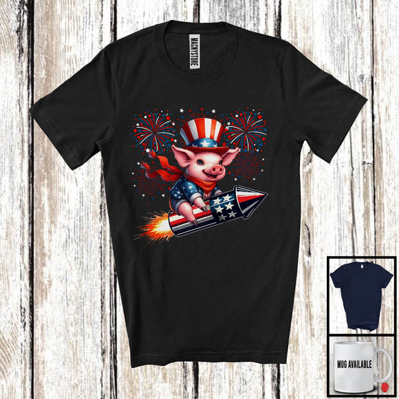 MacnyStore - Pig Riding Firecracker, Humorous 4th Of July USA Fireworks, Patriotic Farm Animal Farmer T-Shirt