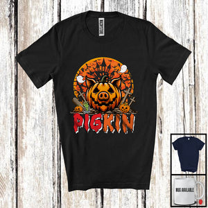 MacnyStore - Pigkin; Creepy Halloween Costume Moon Pig Face Pumpkin Lover; Farm Animal Farmer T-Shirt