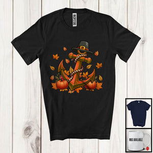 MacnyStore - Pilgrim Anchor With Fall Leaves Pumpkins; Happy Thanksgiving Boat Cruise; Captain Sailing Pontoon T-Shirt