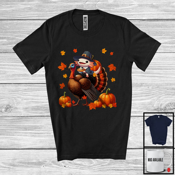 MacnyStore - Pilgrim Axolotl Riding Turkey; Humorous Thanksgiving Autumn Pumpkins Axolotl; Family Group T-Shirt