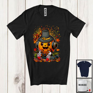 MacnyStore - Pilgrim Carved Pumpkin Wearing Headset Gaming; Joyful Thanksgiving Video Game; Gamer T-Shirt