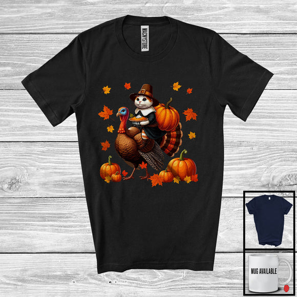 MacnyStore - Pilgrim Cat Riding Turkey; Humorous Thanksgiving Autumn Pumpkins Cat Owner; Family Group T-Shirt