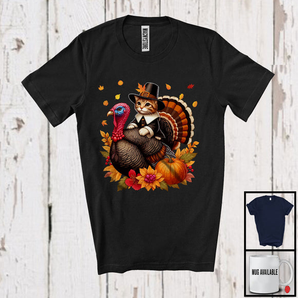 MacnyStore - Pilgrim Cat Riding Turkey; Lovely Thanksgiving Fall Leaves Pumpkin Turkey Lover; Family Group T-Shirt