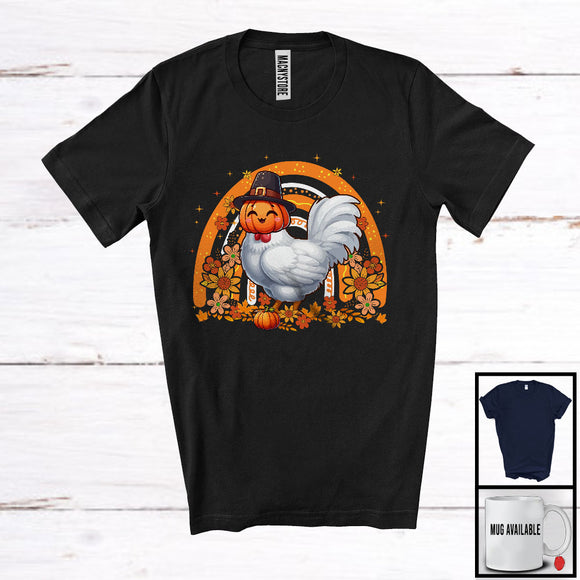 MacnyStore - Pilgrim Chicken Pumpkin Face; Adorable Thanksgiving Fall Flowers Rainbow; Animal Lover T-Shirt