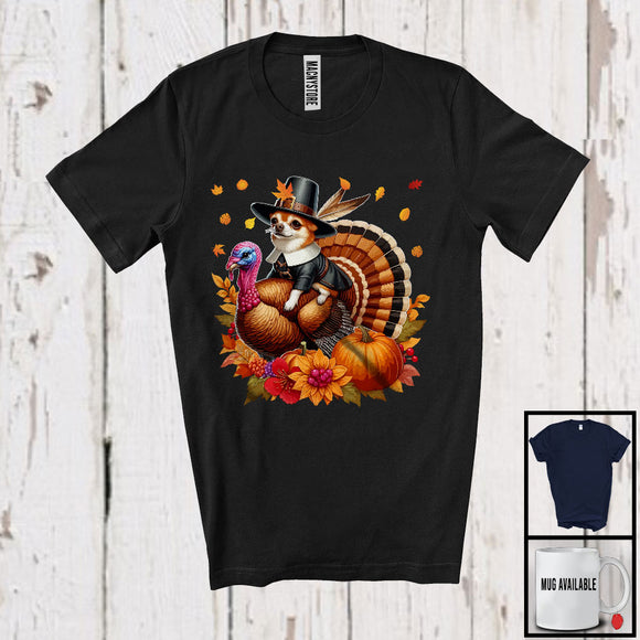 MacnyStore - Pilgrim Chihuahua Riding Turkey; Lovely Thanksgiving Fall Leaves Pumpkin Turkey; Family Group T-Shirt