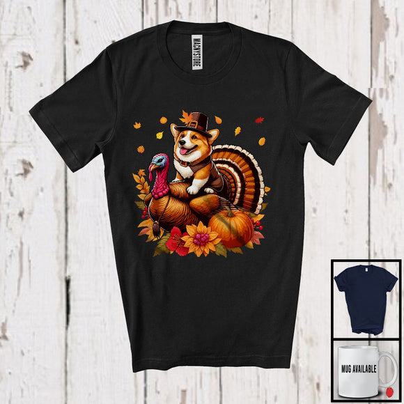 MacnyStore - Pilgrim Corgi Riding Turkey; Lovely Thanksgiving Fall Leaves Pumpkin Turkey Lover; Family Group T-Shirt