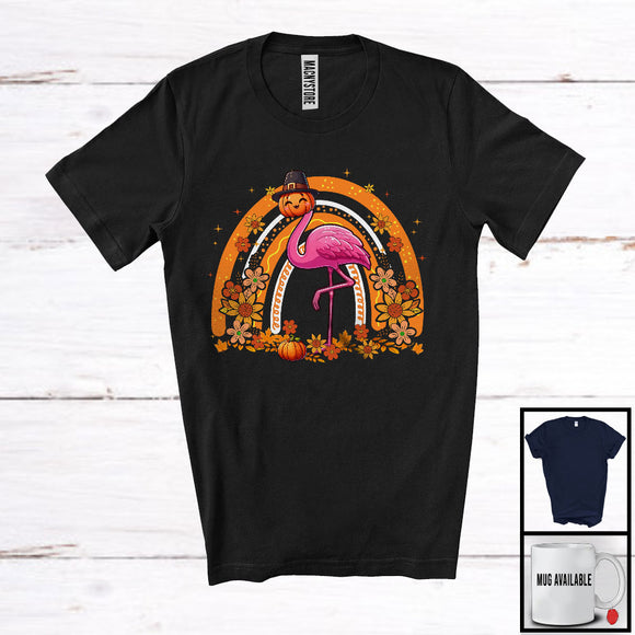 MacnyStore - Pilgrim Flamingo Pumpkin Face; Adorable Thanksgiving Fall Flowers Rainbow; Animal Lover T-Shirt