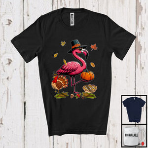 MacnyStore - Pilgrim Flamingo With Pumpkins Turkey, Awesome Thanksgiving Fall Leaves, Animal Lover T-Shirt