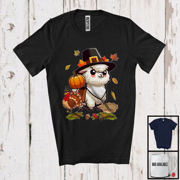 MacnyStore - Pilgrim Llama With Pumpkins Turkey, Awesome Thanksgiving Fall Leaves, Animal Lover T-Shirt