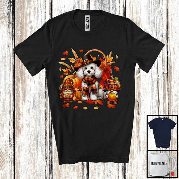 MacnyStore - Pilgrim Poodle With Two Gnomes, Amazing Thanksgiving Fall Leaves, Plaid Pumpkins T-Shirt