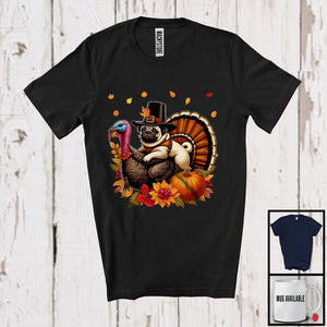 MacnyStore - Pilgrim Pug Riding Turkey; Lovely Thanksgiving Fall Leaves Pumpkin Turkey Lover; Family Group T-Shirt