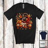 MacnyStore - Pilgrim Pug With Two Gnomes, Amazing Thanksgiving Fall Leaves, Plaid Pumpkins T-Shirt