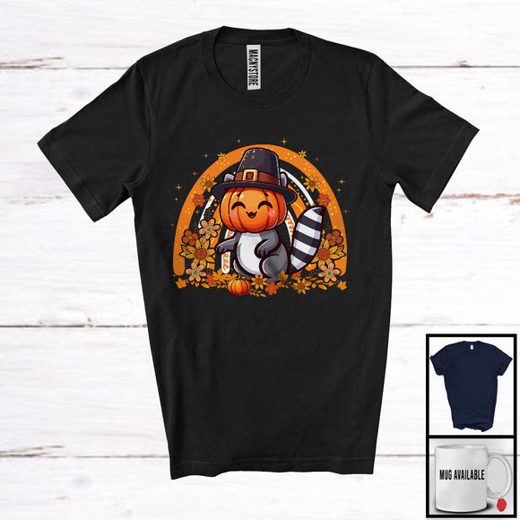 MacnyStore - Pilgrim Raccoon Pumpkin Face; Adorable Thanksgiving Fall Flowers Rainbow; Animal Lover T-Shirt