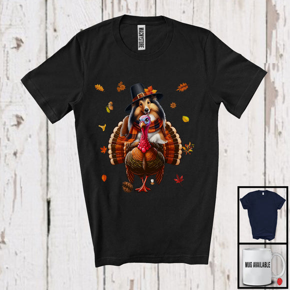 MacnyStore - Pilgrim Sheltie Riding Turkey; Awesome Thanksgiving Autumn Leaves Turkey; Family T-Shirt