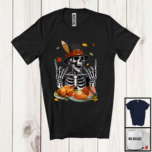 MacnyStore - Pilgrim Skeleton With Pumpkin Turkey; Sarcastic Thanksgiving Dinner Skeleton; Fall Family T-Shirt