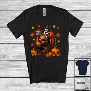 MacnyStore - Pilgrim Sloth Riding Turkey; Humorous Thanksgiving Autumn Pumpkins Sloth; Family Group T-Shirt