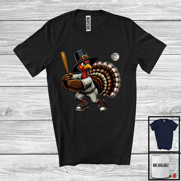 MacnyStore - Pilgrim Turkey Playing Baseball, Humorous Thanksgiving Turkey Lover, Sport Player Playing Team T-Shirt