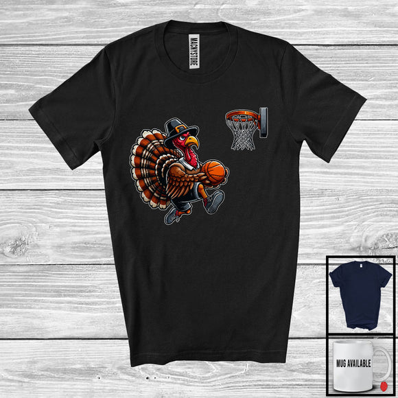 MacnyStore - Pilgrim Turkey Playing Basketball, Humorous Thanksgiving Turkey Lover, Sport Player Playing Team T-Shirt