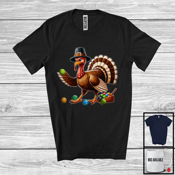 MacnyStore - Pilgrim Turkey Playing Bocce Ball, Humorous Thanksgiving Turkey Lover, Sport Player Playing Team T-Shirt