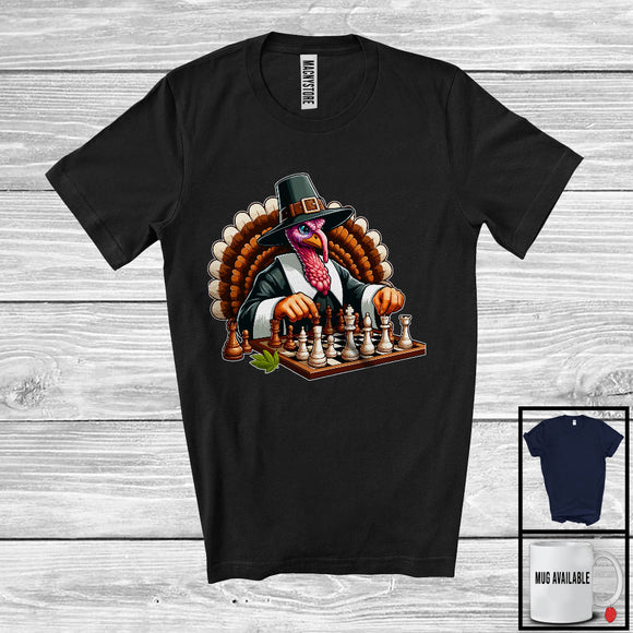 MacnyStore - Pilgrim Turkey Playing Chess, Humorous Thanksgiving Turkey Lover, Sport Player Playing Team T-Shirt