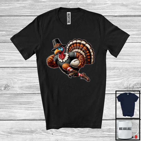 MacnyStore - Pilgrim Turkey Playing Football, Humorous Thanksgiving Turkey Lover, Sport Player Playing Team T-Shirt