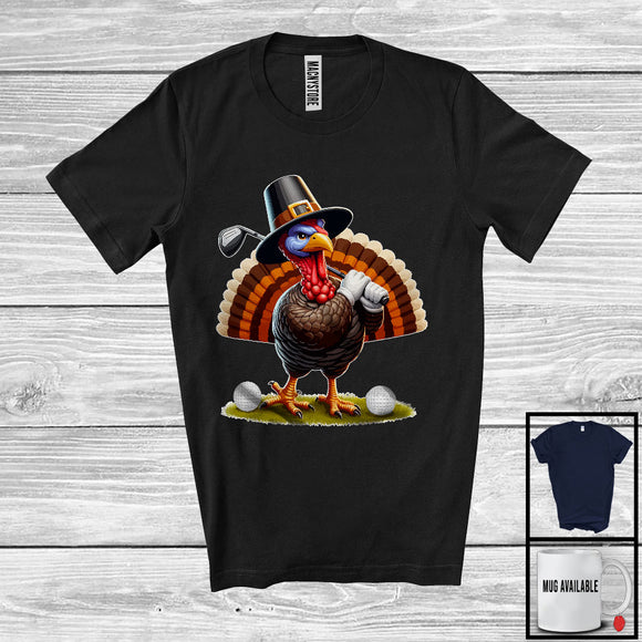 MacnyStore - Pilgrim Turkey Playing Golf, Humorous Thanksgiving Turkey Lover, Sport Player Playing Team T-Shirt