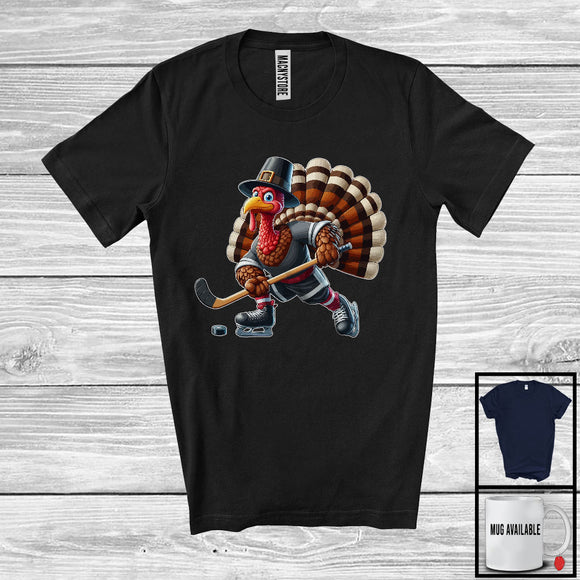 MacnyStore - Pilgrim Turkey Playing Hockey, Humorous Thanksgiving Turkey Lover, Sport Player Playing Team T-Shirt