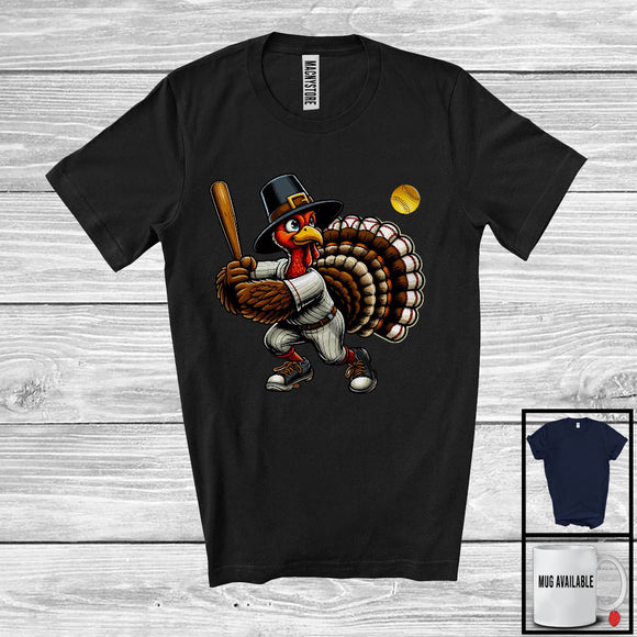 MacnyStore - Pilgrim Turkey Playing Softball, Humorous Thanksgiving Turkey Lover, Sport Player Playing Team T-Shirt