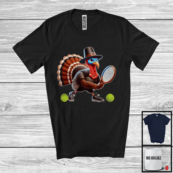MacnyStore - Pilgrim Turkey Playing Tennis, Humorous Thanksgiving Turkey Lover, Sport Player Playing Team T-Shirt