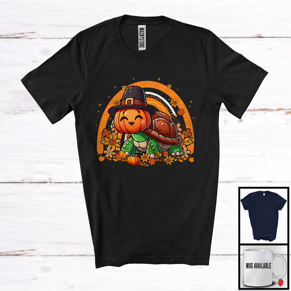 MacnyStore - Pilgrim Turtle Pumpkin Face; Adorable Thanksgiving Fall Flowers Rainbow; Animal Lover T-Shirt