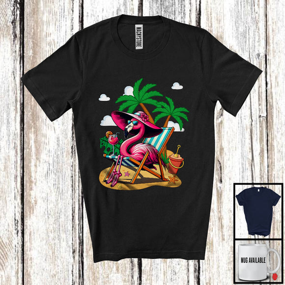 MacnyStore - Pink Flamingo On Beach, Adorable Summer Vacation Palm Tree, Travel Trip Family Group T-Shirt