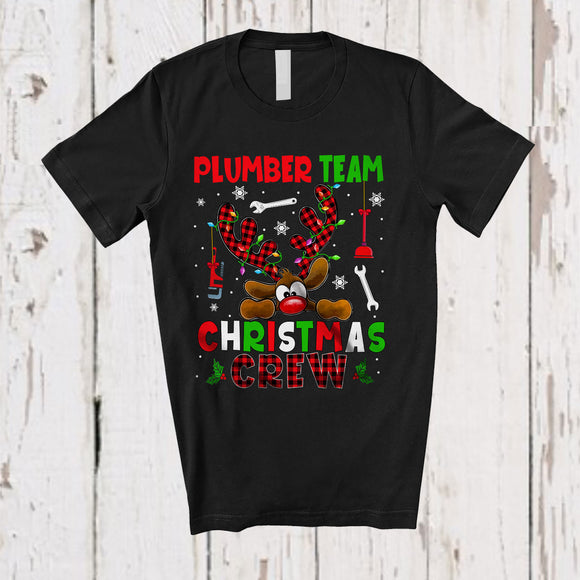 MacnyStore - Plumber Team Christmas Crew; Fantastic X-mas Red Plaid Reindeer Face; Proud Careers Jobs T-Shirt